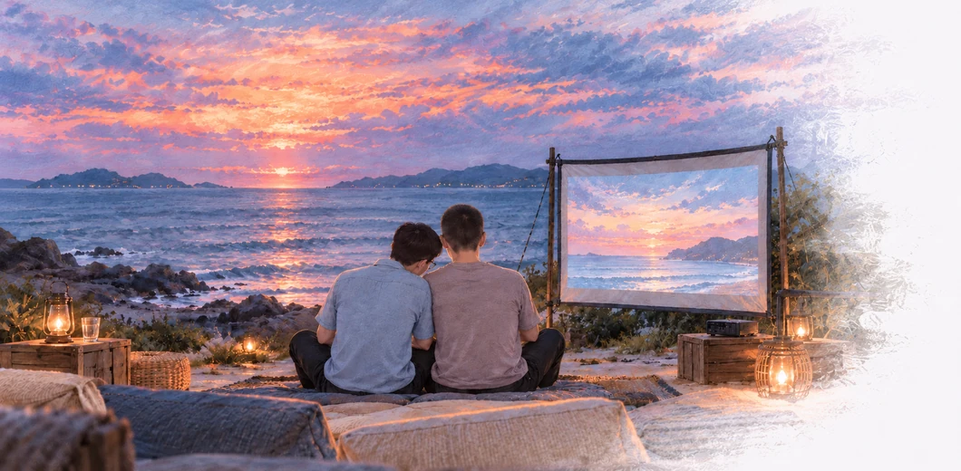 两个短发男生依偎在粉蓝日暮的海边，等待电影开场